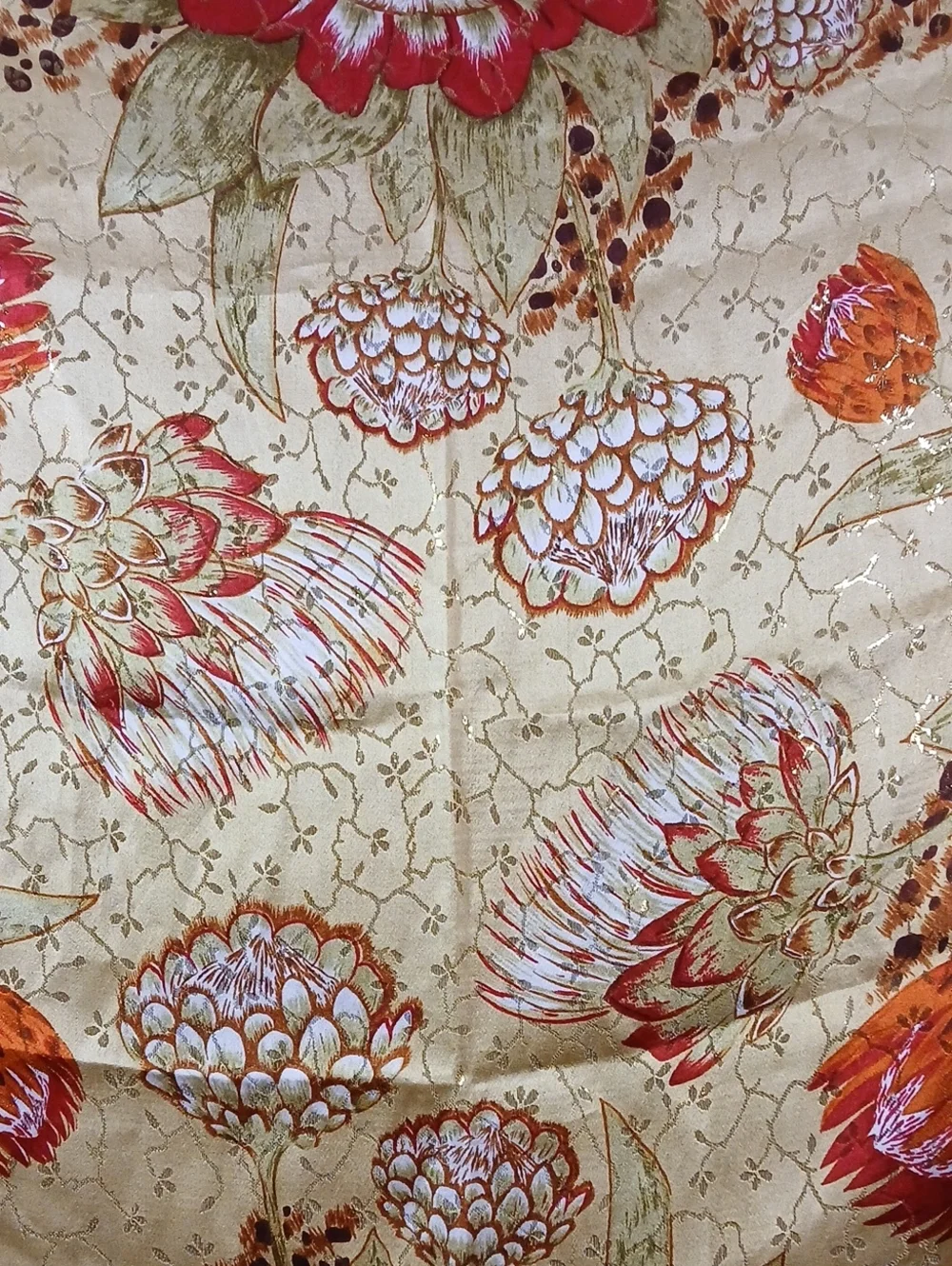 Womens Floral Silk Scarf Metallic Gold 34 Inch Square Orange Red
